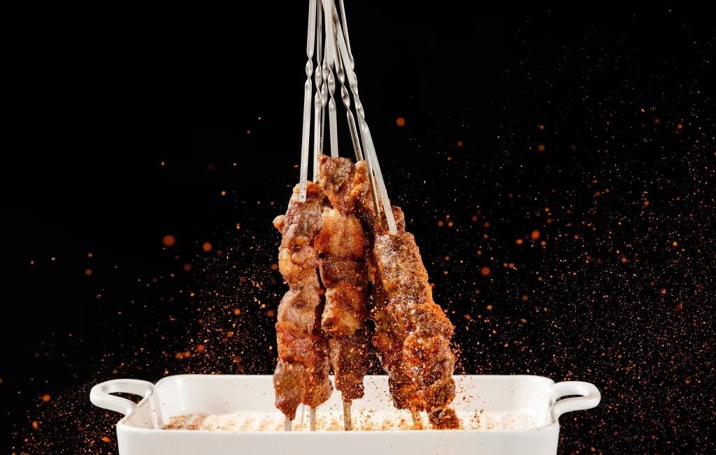 Spiced Lamb Skewers Charred Crust Golden Brown Close Up