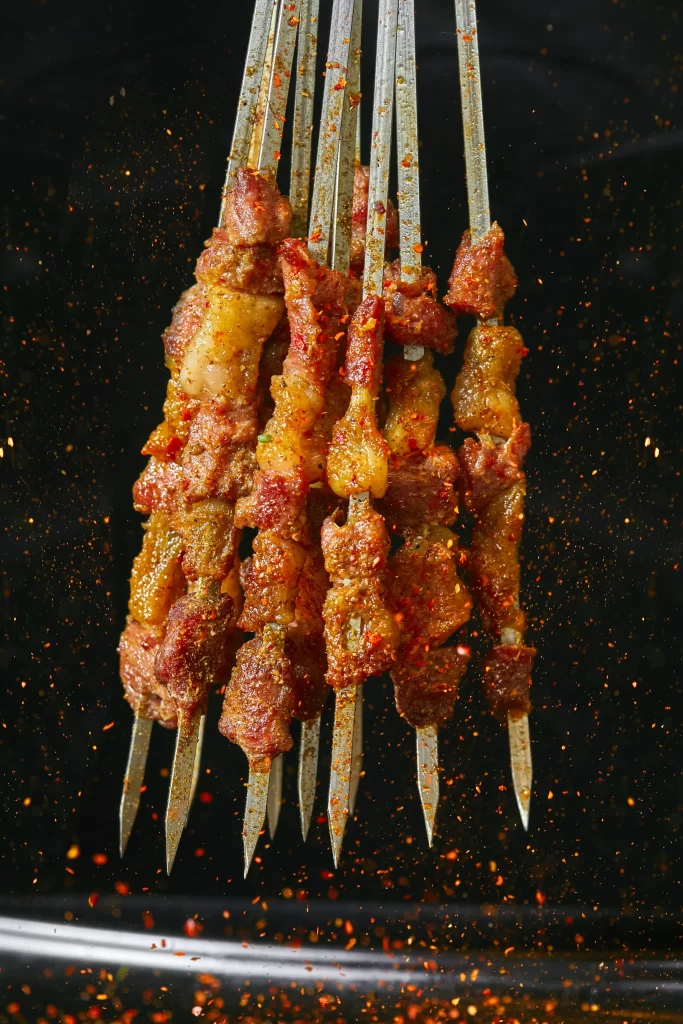 Spicy Beef Skewers Charred Crust Red Pepper Flakes