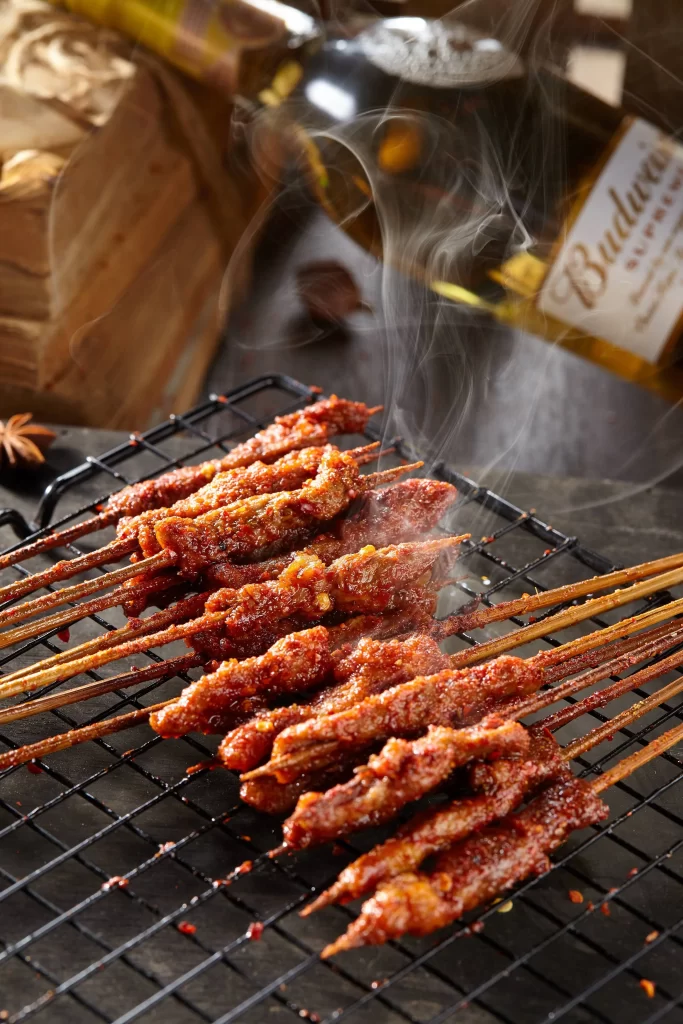 Spicy Beef Skewers Charred Grill Smoke Rising