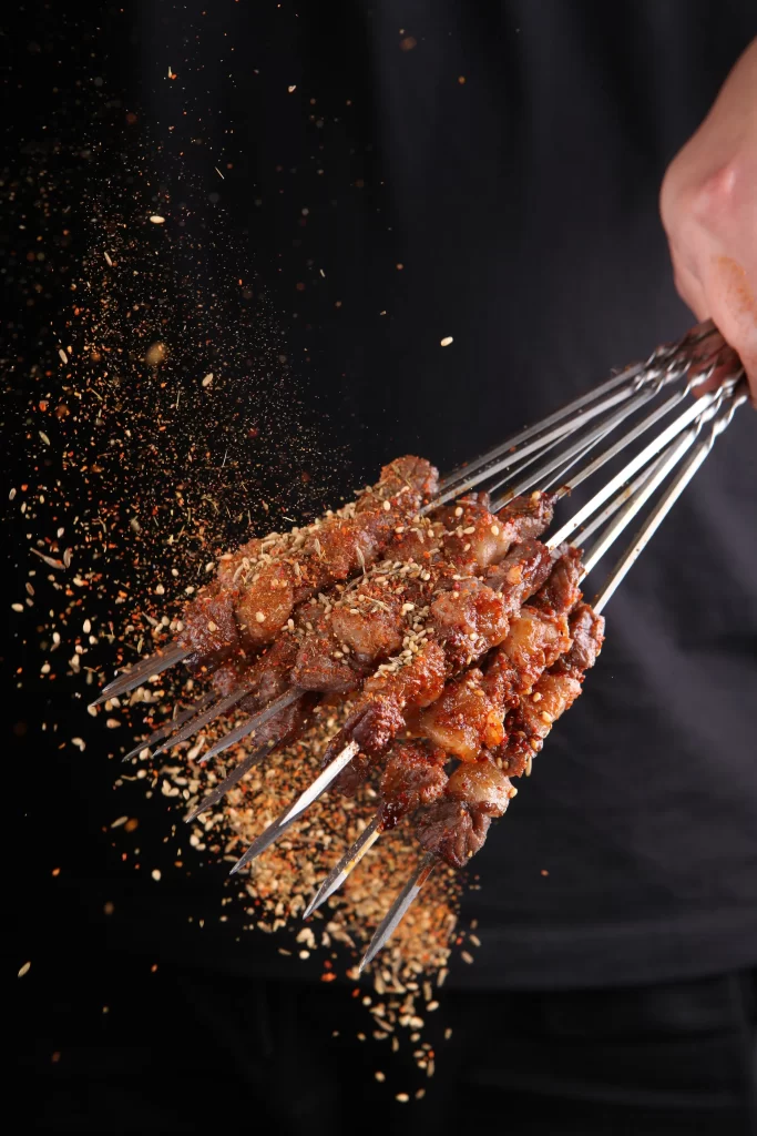 Spicy Beef Skewers Cumin Sesame Golden Crust Close Up