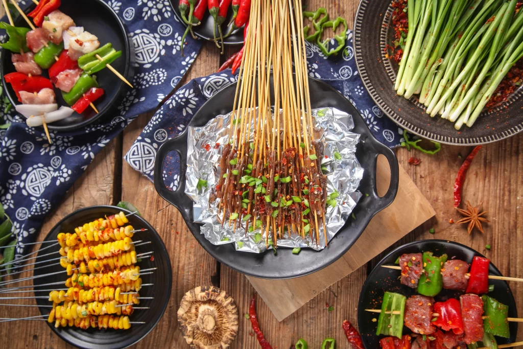 Spicy Beef Skewers Fresh Herbs Foil Plated
