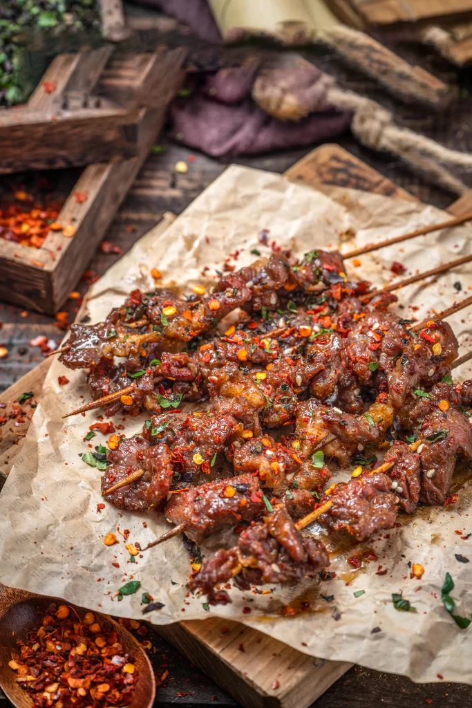 Spicy Beef Skewers Red Chili Flakes Charred Crust