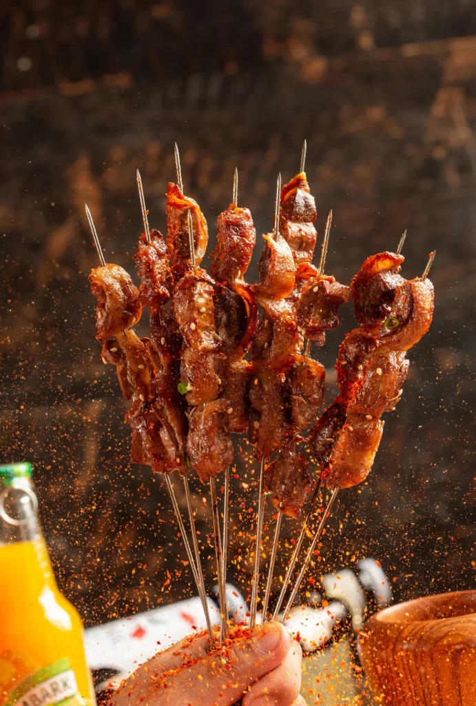 Spicy Beef Skewers Red Chili Flakes Golden Brown Crispy