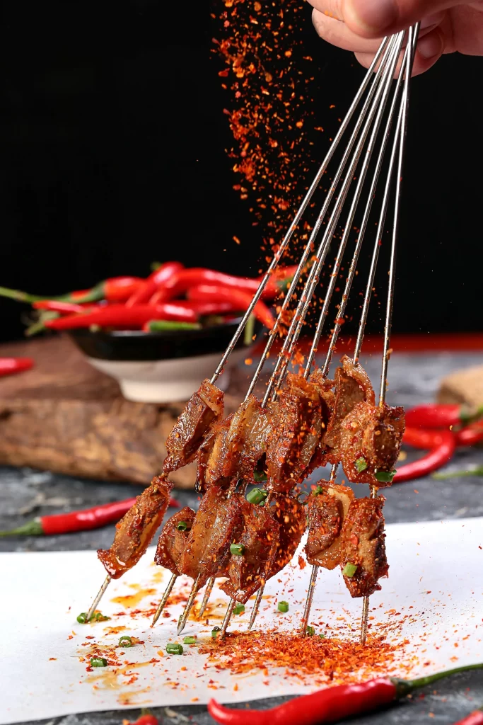 Spicy Beef Skewers Red Chili Powder Fresh Green Onion