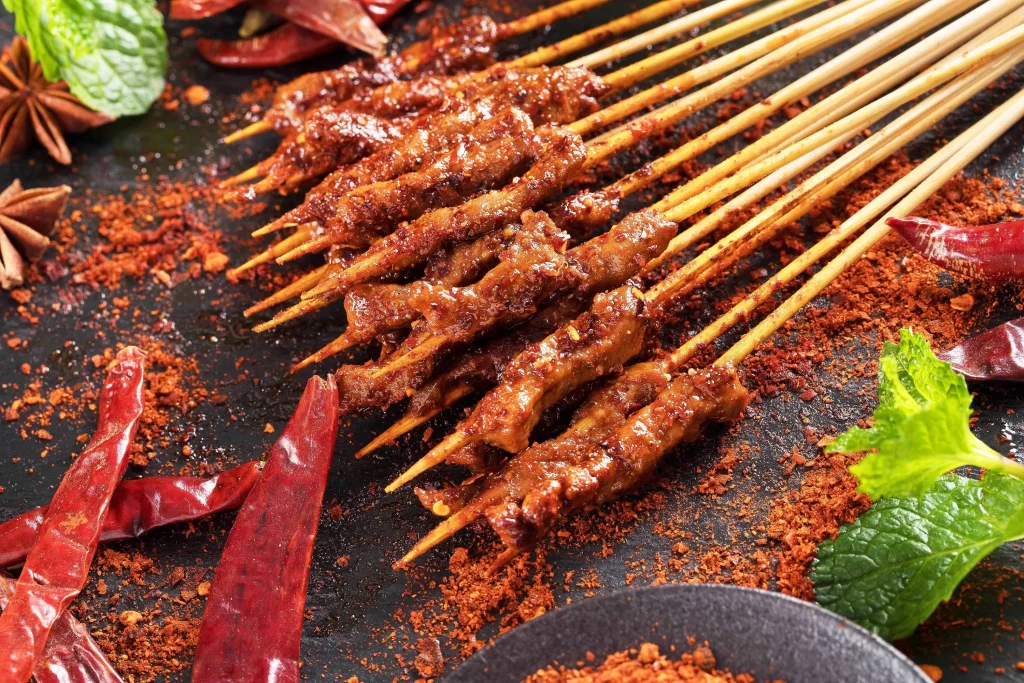 Spicy Beef Skewers Red Chili Powder Fresh Mint