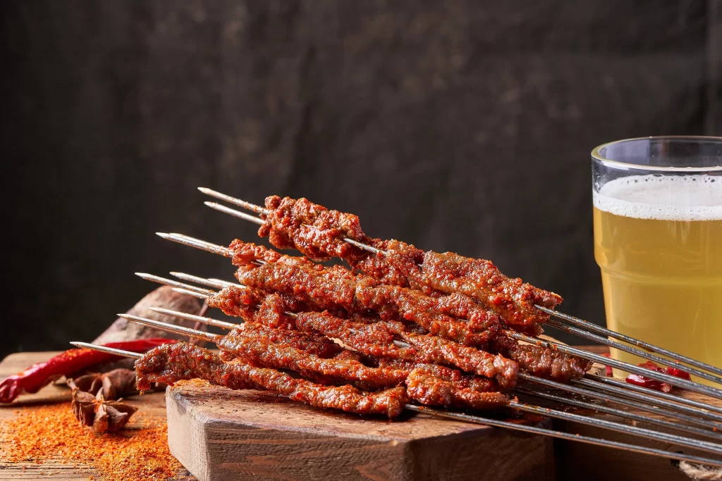 Spicy Beef Skewers Red Chili Sauce Golden Brown Crust