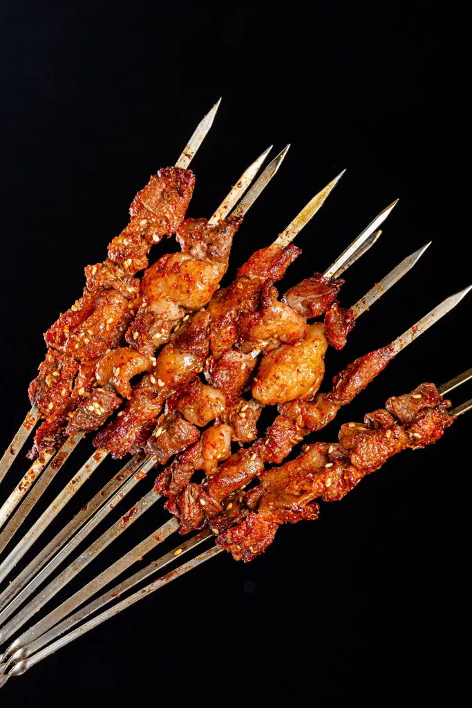 Spicy Beef Skewers Red Chili Sauce Golden Crust