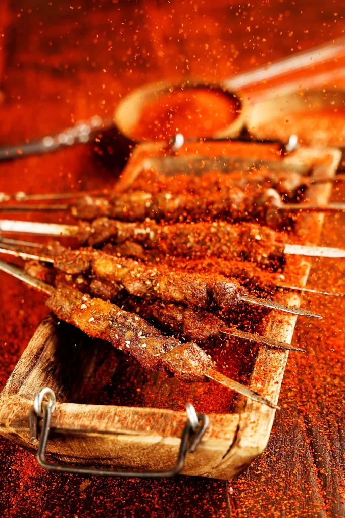 Spicy Beef Skewers Red Paprika Crispy Texture Close Up