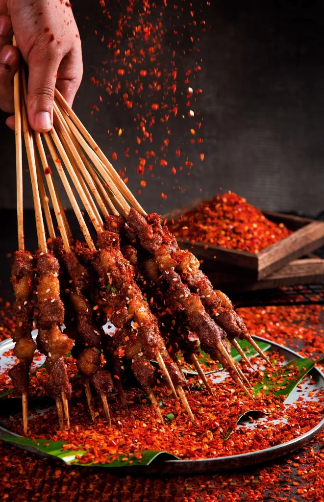 Spicy Beef Skewers Red Pepper Flakes Crispy Char