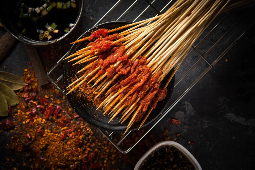 Spicy Beef Skewers Red Sauce Crispy Texture Plated