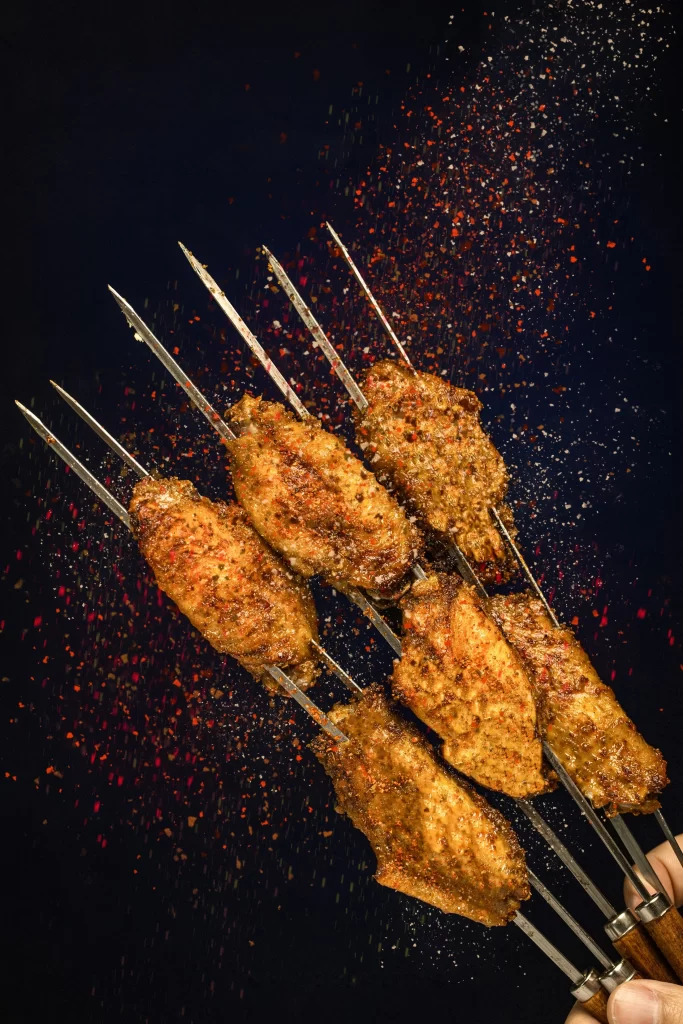 Spicy Chicken Skewers Charred Crust Red Pepper Flakes