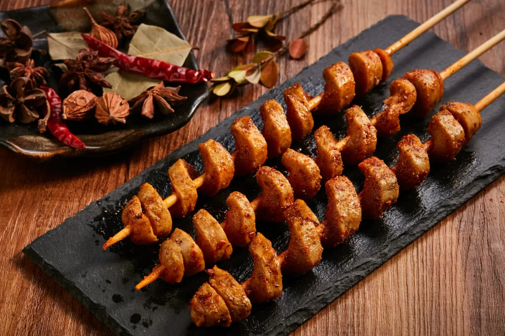 Spicy Chicken Skewers Charred Golden Brown Black Slate