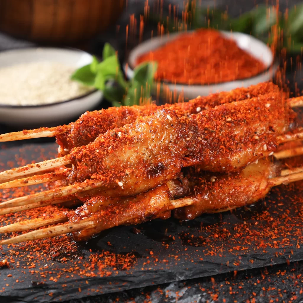Spicy Chicken Skewers Red Pepper Flakes Crispy Skin