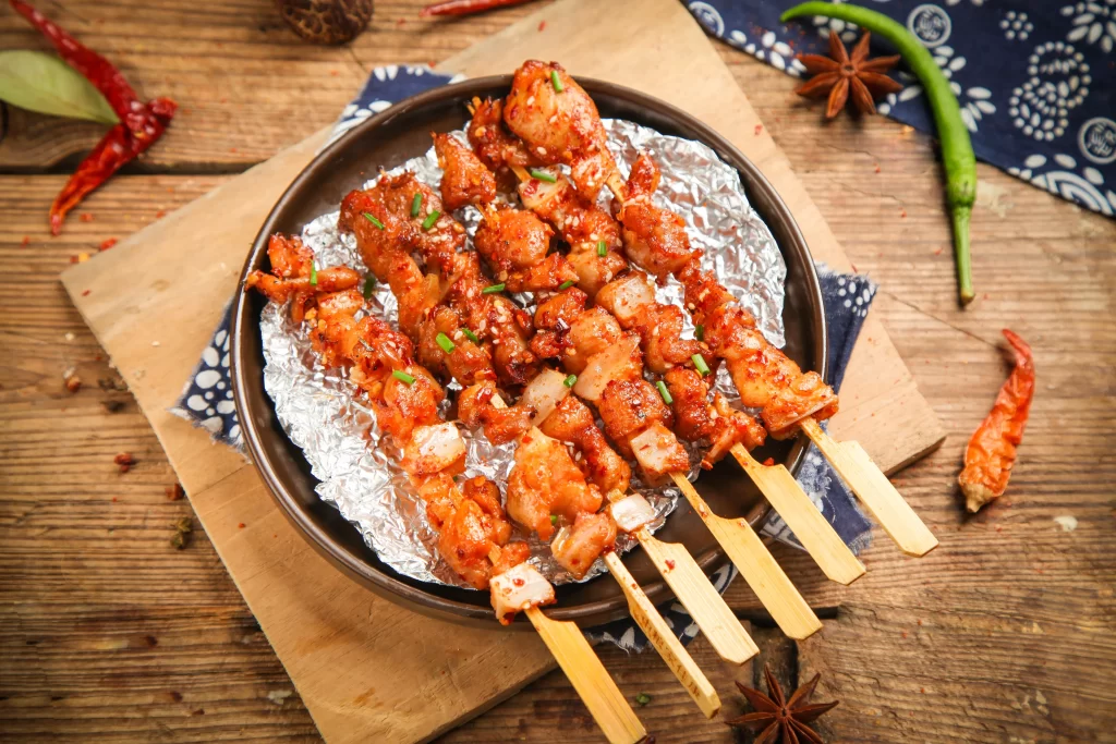 Spicy Chicken Skewers Red Sauce Garnish Wooden Stick