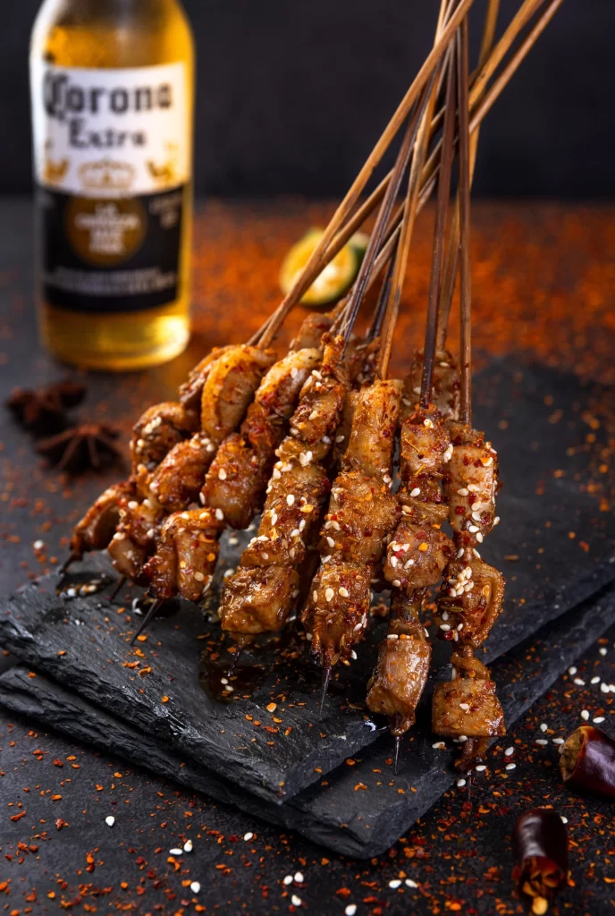 Spicy Chicken Skewers Sesame Seeds Charred Edges