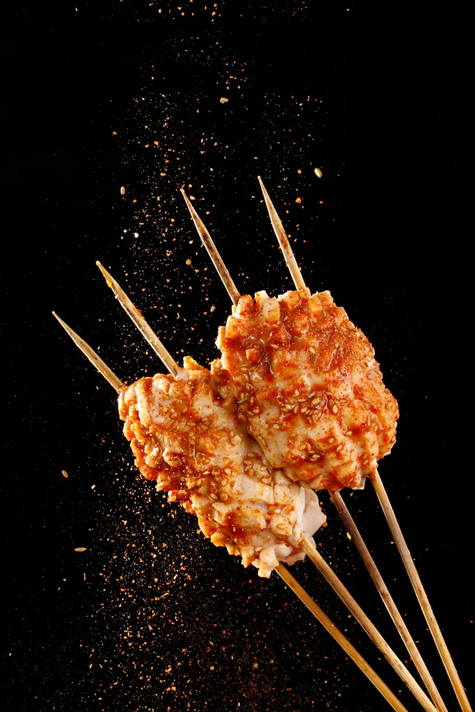 Spicy Chicken Skewers Sesame Seeds Golden Brown