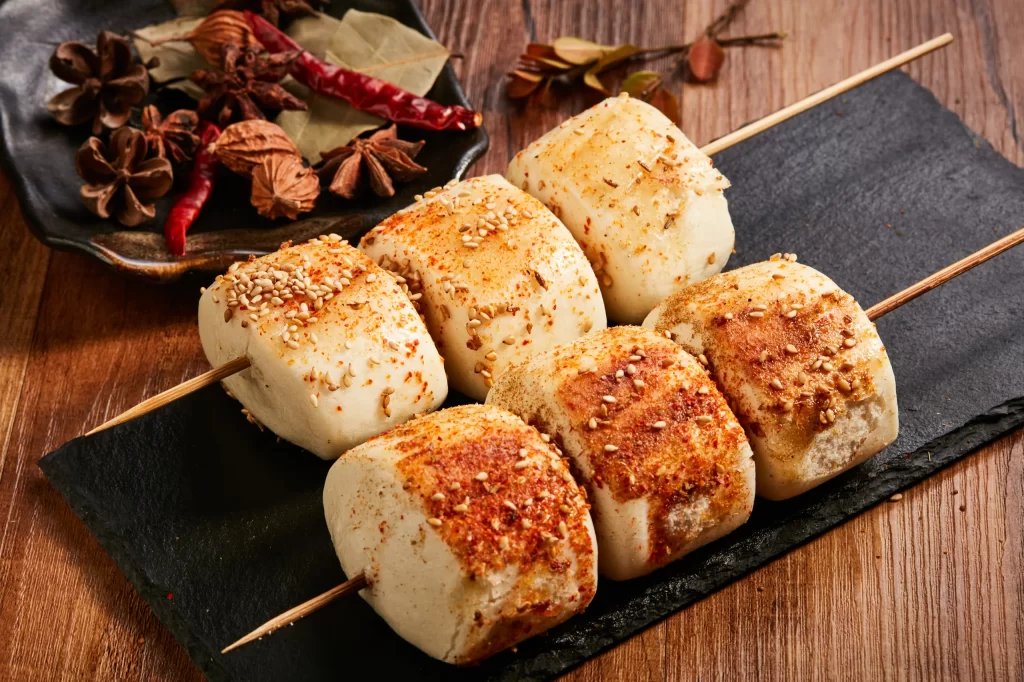 Spicy Grilled Bread Skewers Sesame Seeds Black Slate
