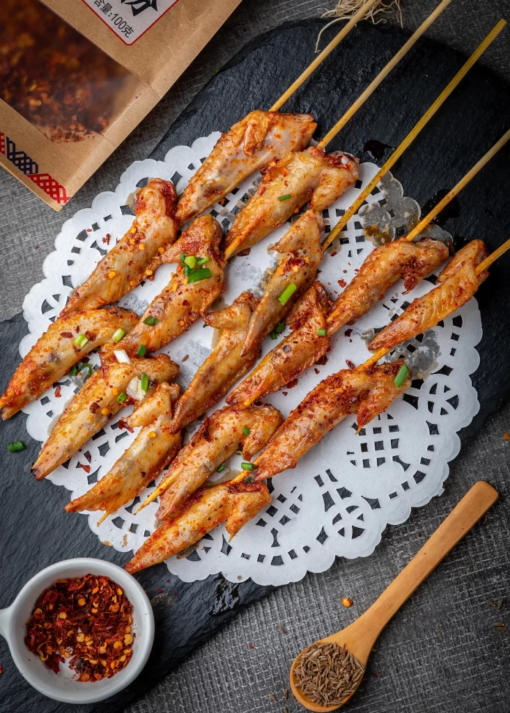 Spicy Grilled Chicken Skewers Golden Brown Crispy Garnish