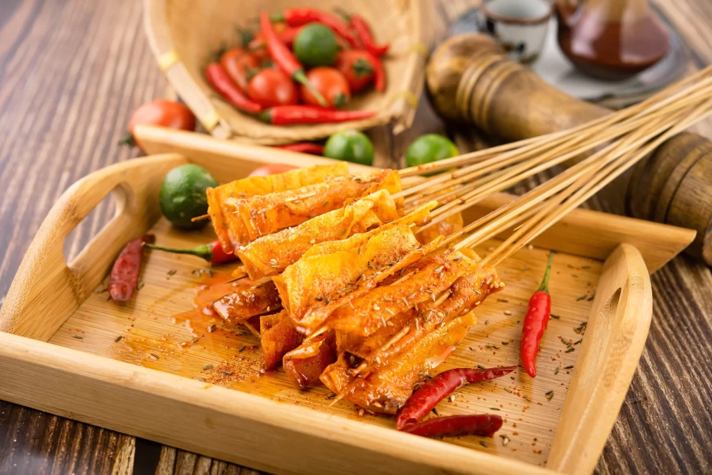 Spicy Grilled Chicken Skewers Red Chili Garnish Wooden Tray