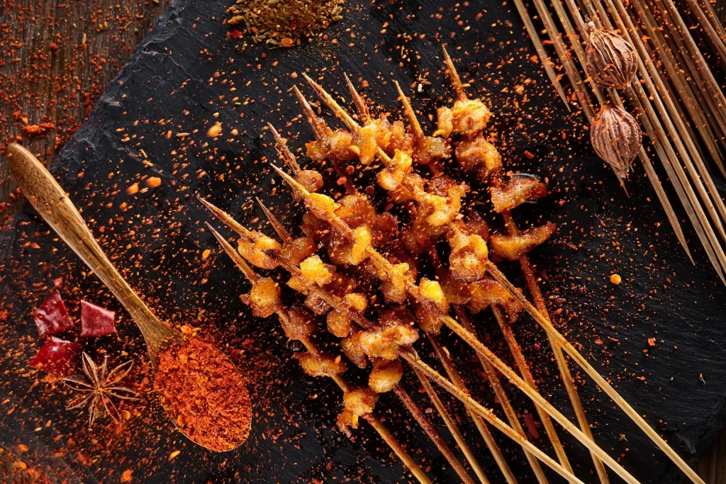 Spicy Grilled Chicken Skewers Red Pepper Flakes Garnish