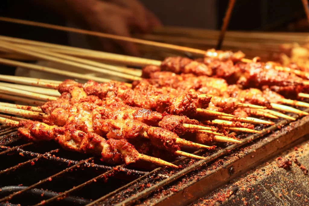 Spicy Grilled Chicken Skewers Red Sauce Charred
