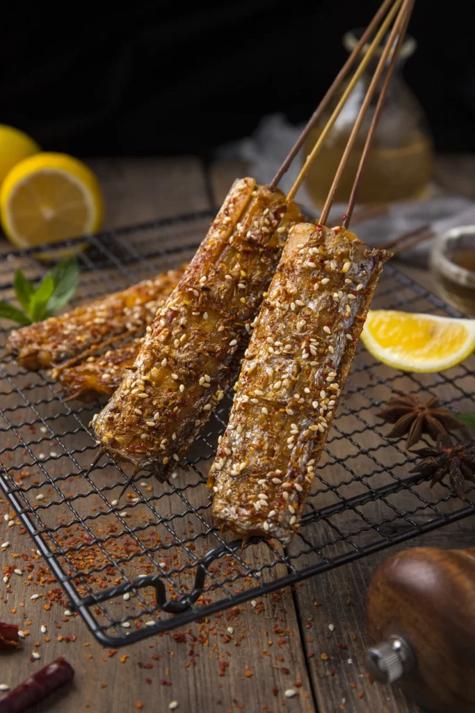 Spicy Grilled Chicken Skewers Sesame Seeds Charred