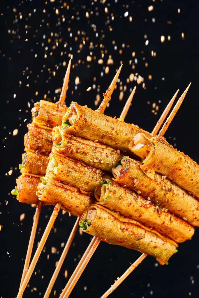 Spicy Grilled Skewers Sesame Seeds Tofu Skin BBQ