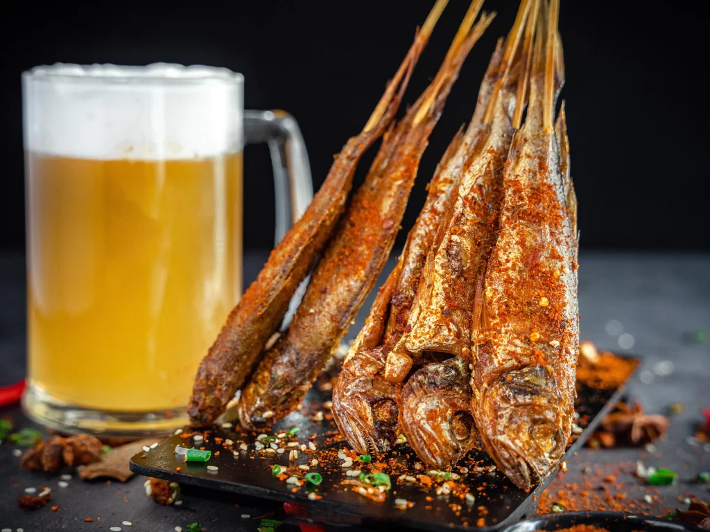 Spicy Grilled Fish Skewers Golden Crust Seasoned Garnish