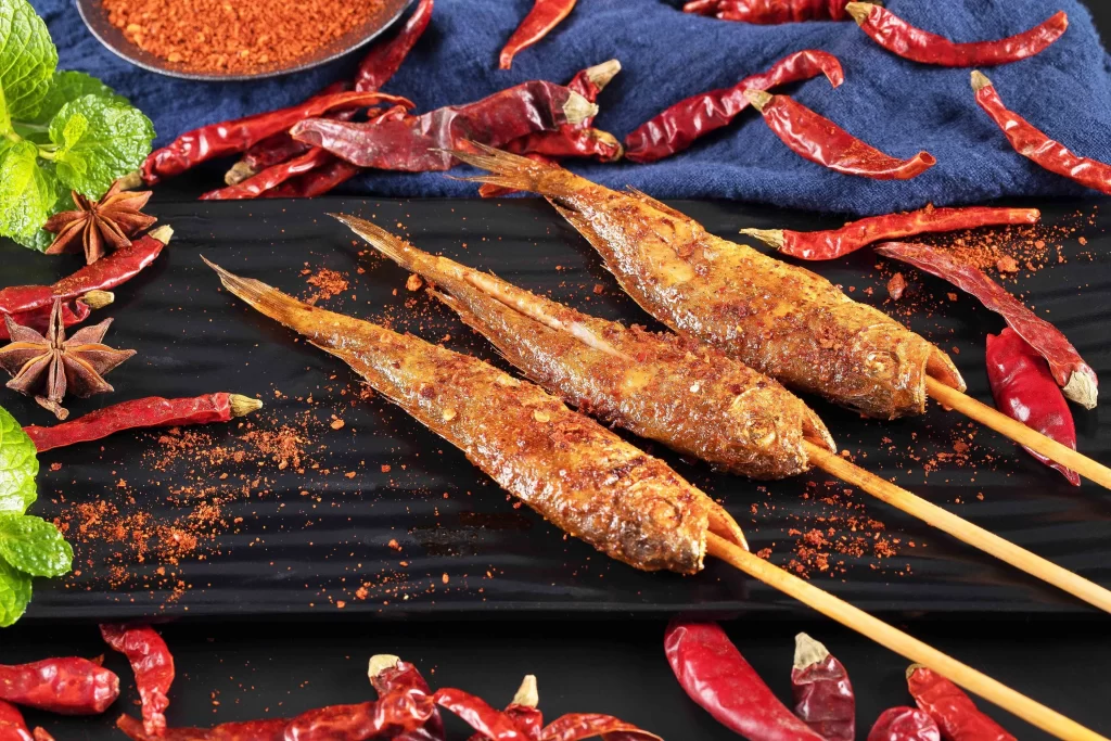 Spicy Grilled Fish Skewers Red Chili Powder Fresh Mint