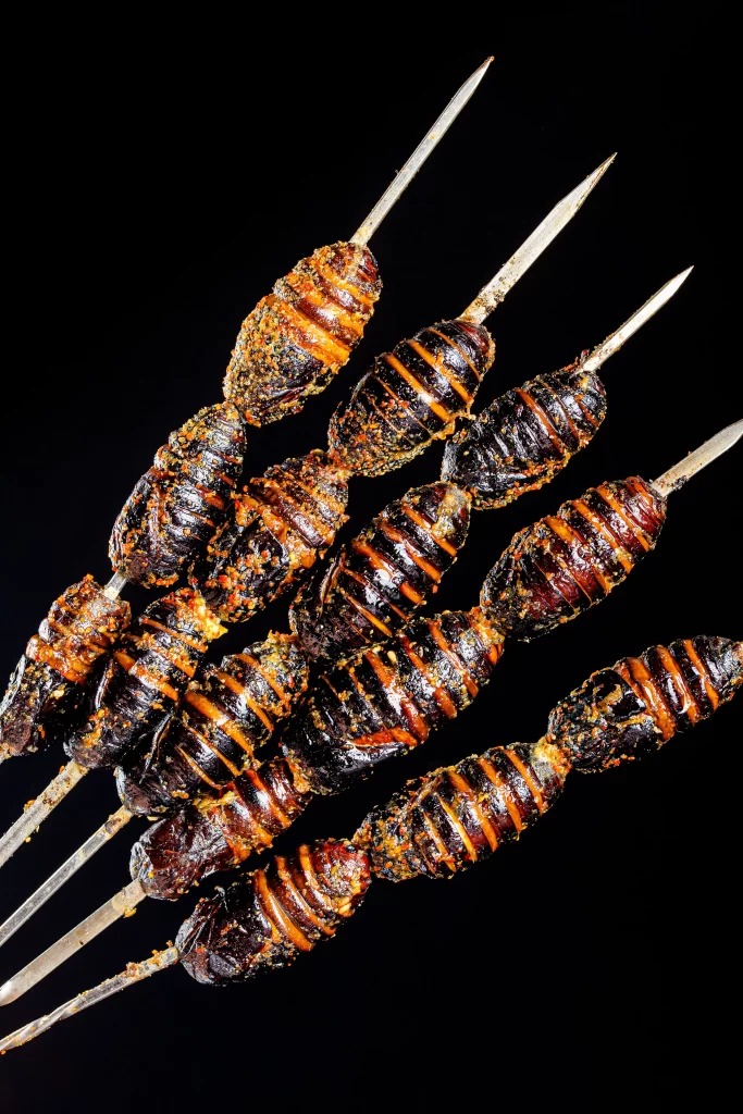 Spicy Grilled Insects Skewers Charred Blackened Seasoned