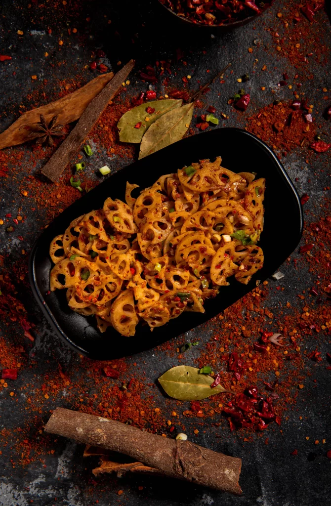 Spicy Grilled Lotus Root Sliced Green Onion Black Plate