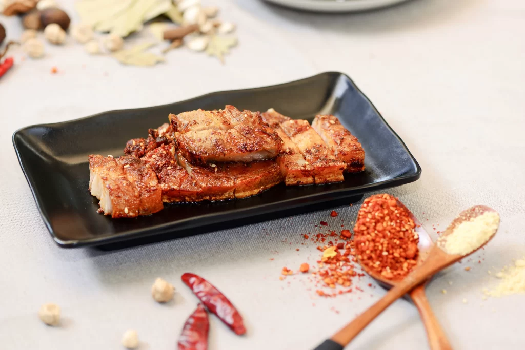 Spicy Grilled Pork Belly Crispy Skin Black Plate