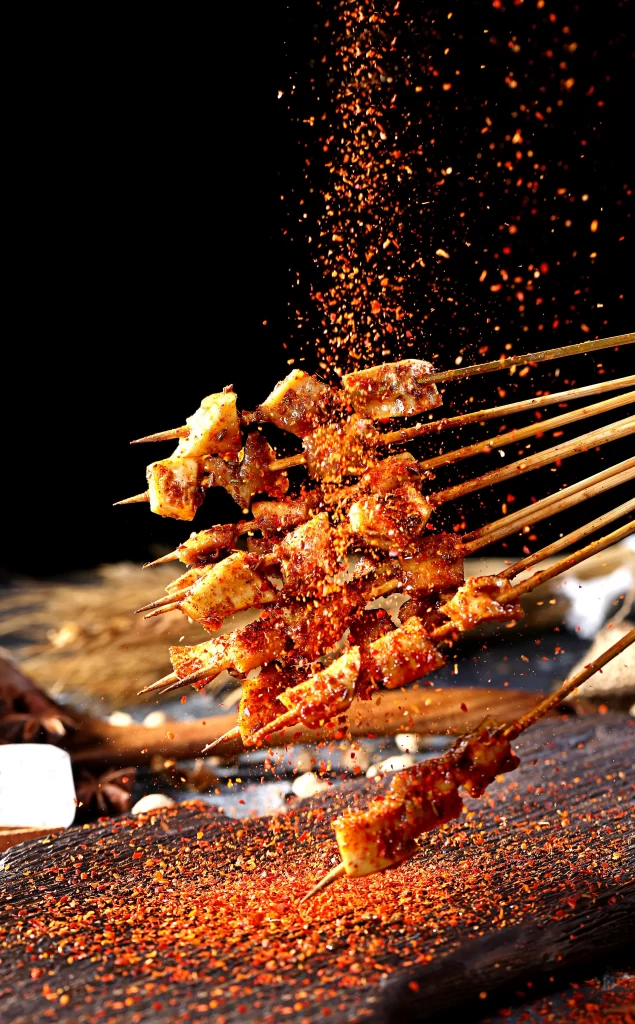 Spicy Grilled Pork Skewers Red Pepper Flakes Golden Crust