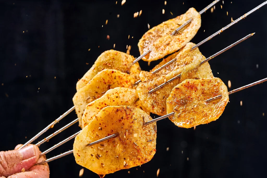Spicy Grilled Potato Skewers Golden Crust Close Up