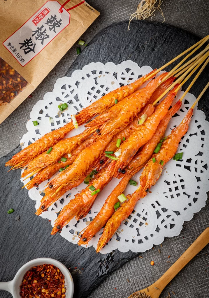 Spicy Grilled Shrimp Skewers Fresh Green Onions White Lace Doily