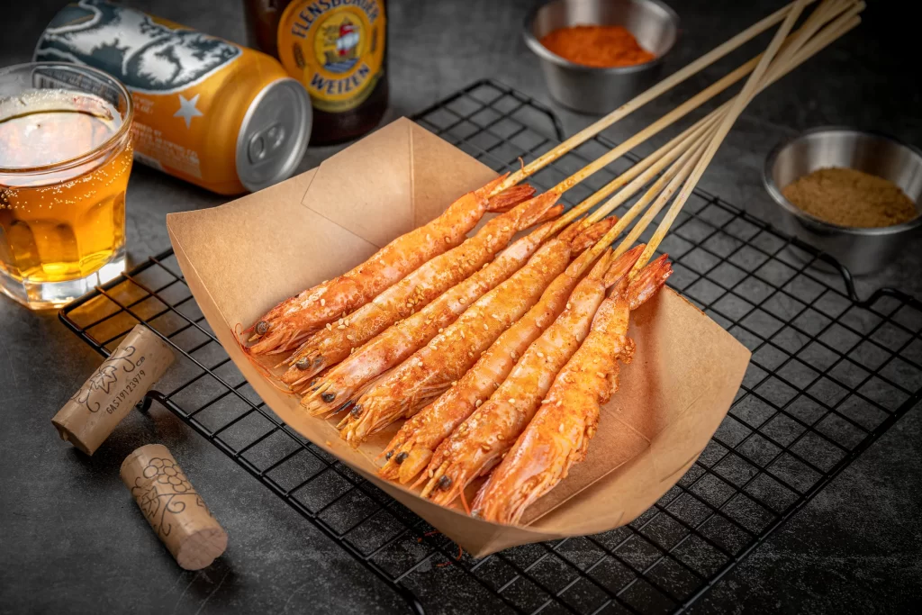Spicy Grilled Shrimp Skewers Golden Crust Close Up