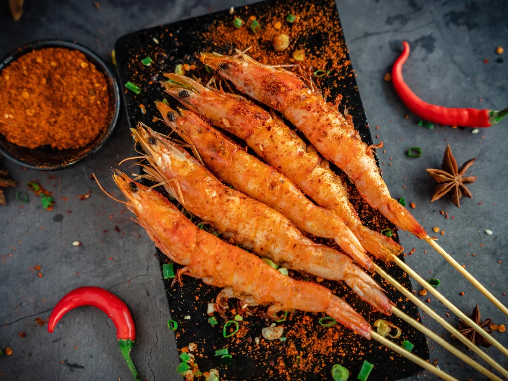 Spicy Grilled Shrimp Skewers Red Chili Garnish