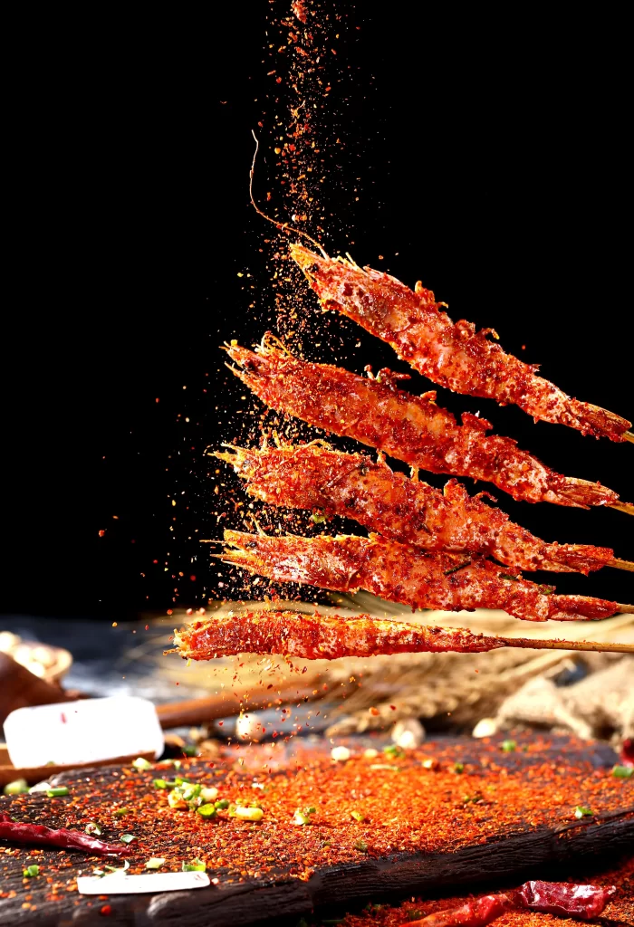 Spicy Grilled Shrimp Skewers Red Pepper Flakes Garnish