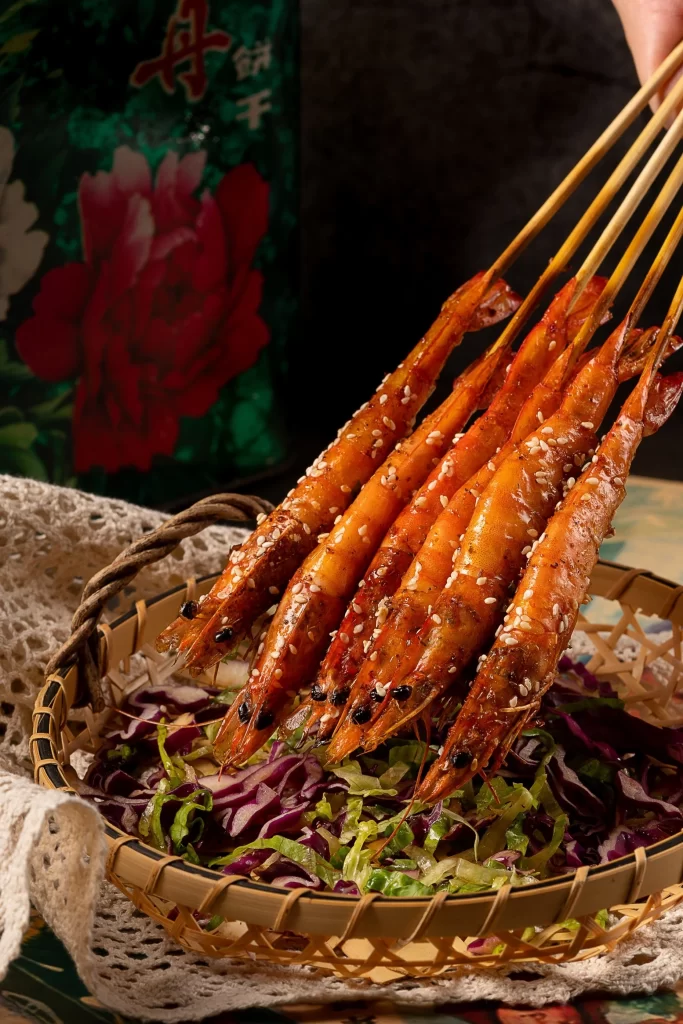 Spicy Grilled Shrimp Skewers with Sesame Garnish