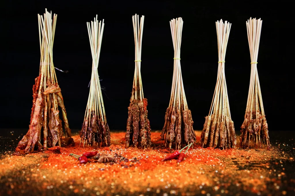 Spicy Grilled Skewers Red Chili Powder Garnish