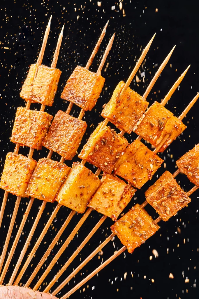 Spicy Grilled Tofu Skewers Golden Brown Crispy Texture