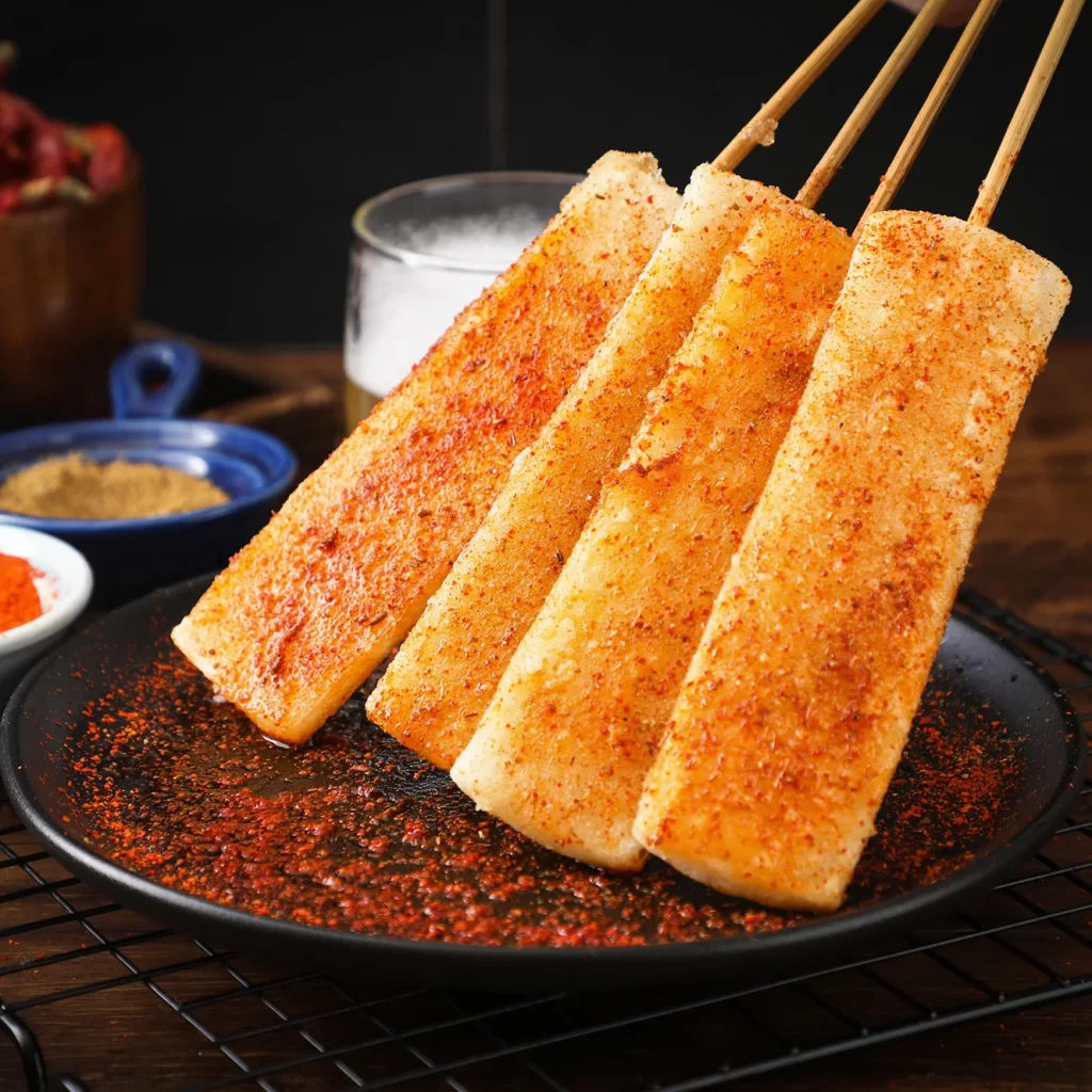 Spicy Grilled Tofu Skewers Red Chili Powder Black Plate