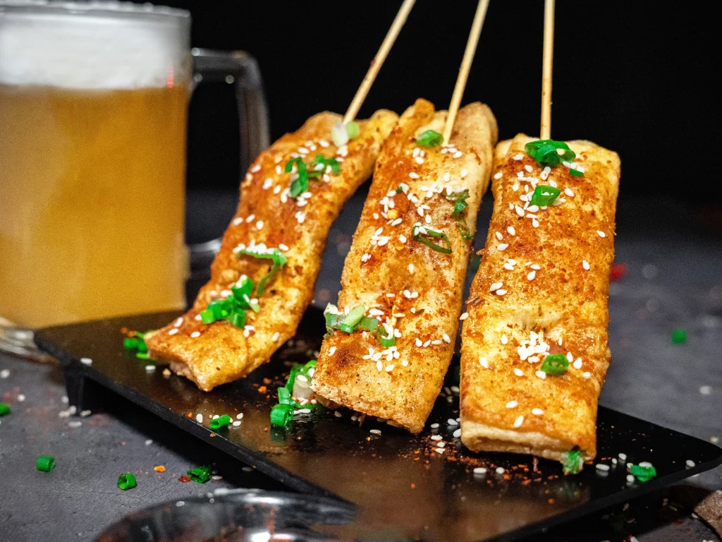 Spicy Grilled Tofu Skewers Sesame Green Onion Garnish