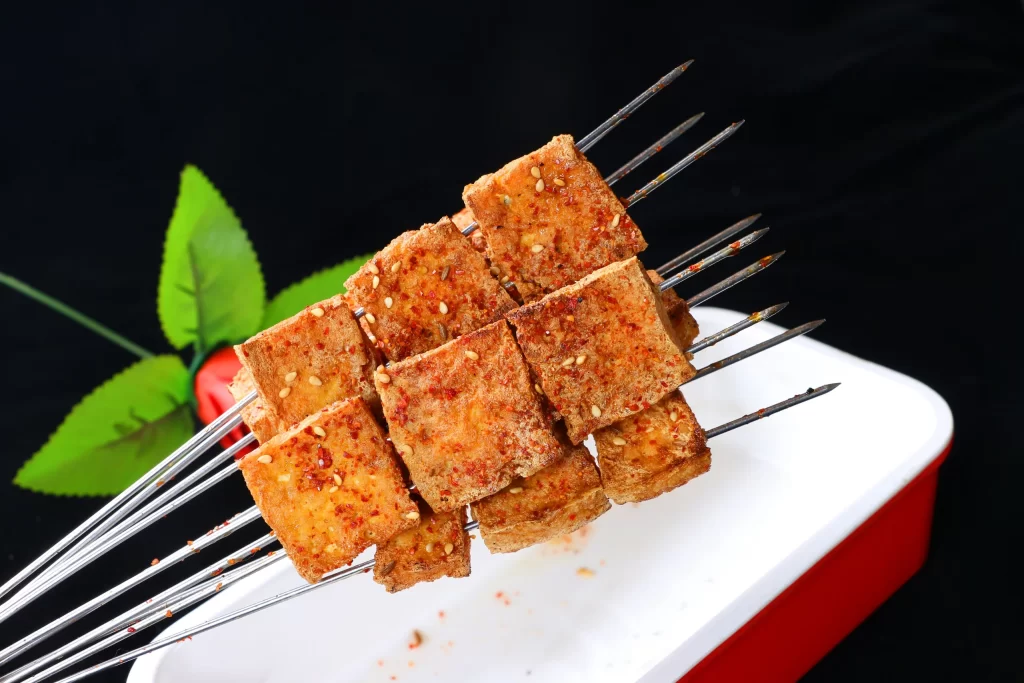 Spicy Grilled Tofu Skewers Sesame Seeds Red Chili Powder