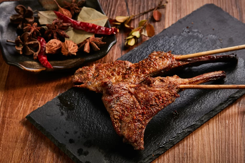 Spicy Lamb Skewers Charred Crust Black Slate Platter