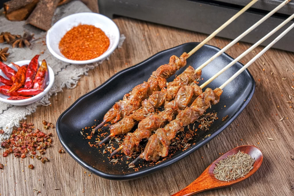 Spicy Lamb Skewers Cumin Seasoning Charred Crust Plated