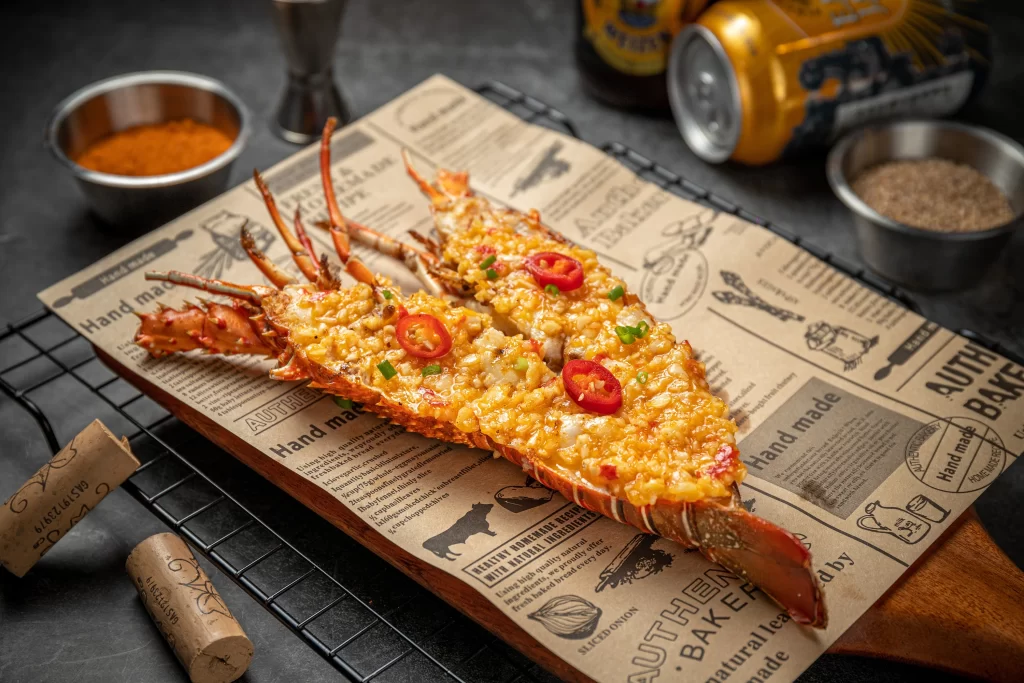 Spicy Lobster Tails Grilled Golden Crust Red Chili Garnish