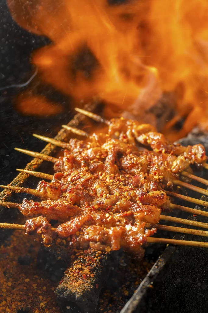 Spicy Pork Skewers Charred Crust Open Flame Grill