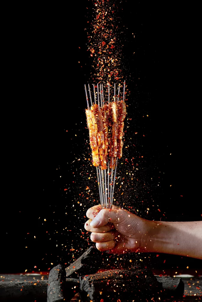 Spicy Pork Skewers Charred Crust Red Pepper Flakes