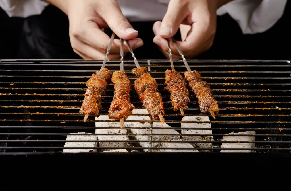 Spicy Pork Skewers Charred Grill Marks Golden Brown